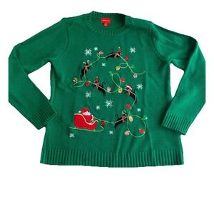 Macy's Holiday Lane Christmas Sweater Cats Ripe Vine Green Knit Sweater Size M